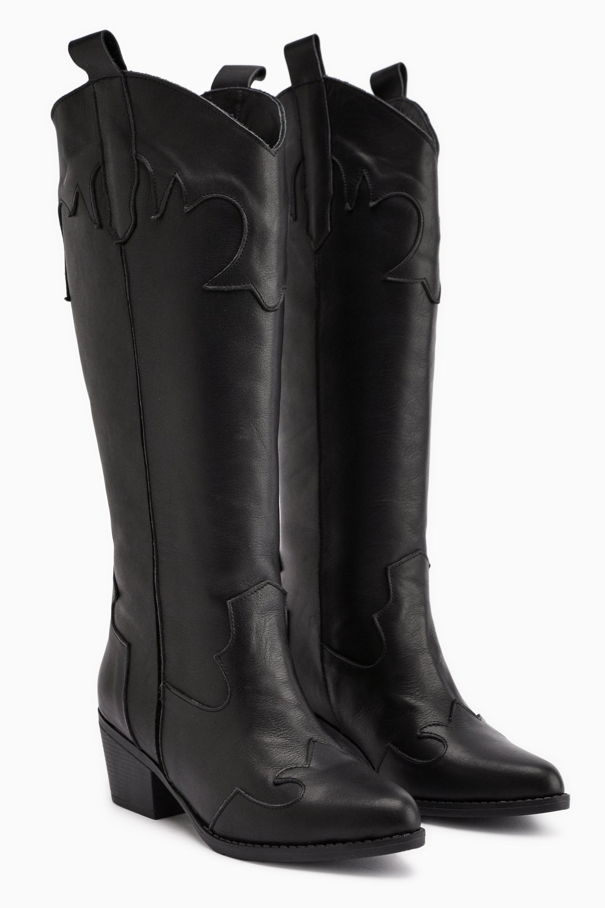 Lara – Schwarz Echtleder kniehoher Stiefel mit Absatz und Western-Detail (Damen)