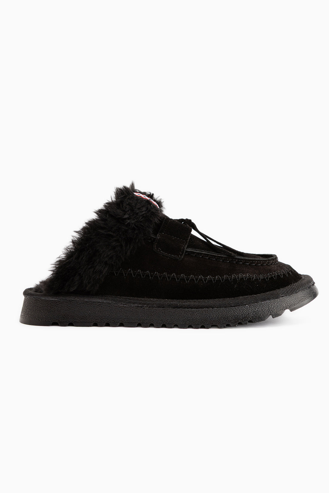Tisha Schwarzes Wildleder mit Fell Details Damen Pantoletten