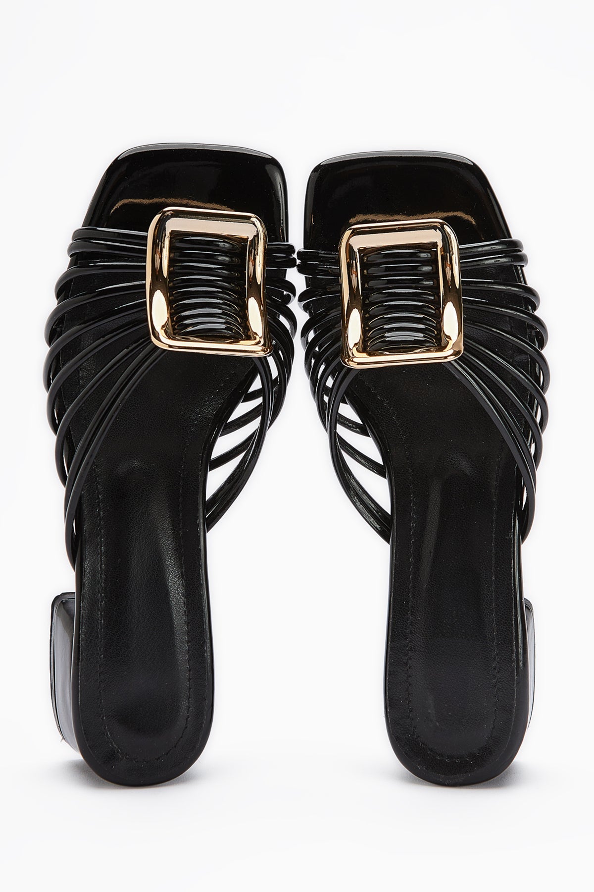 Greta Schwarze Lackleder Dicke Schnalle Niedriger Absatz Damen Hausschuhe