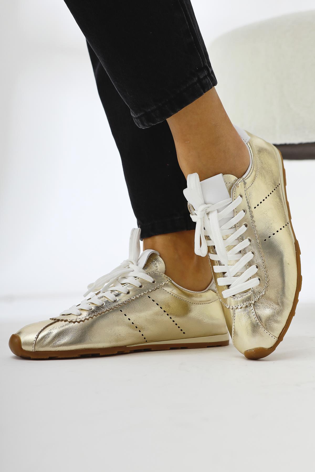 Genuine Leather Alisa Gold Laced Casual Women's Shoes