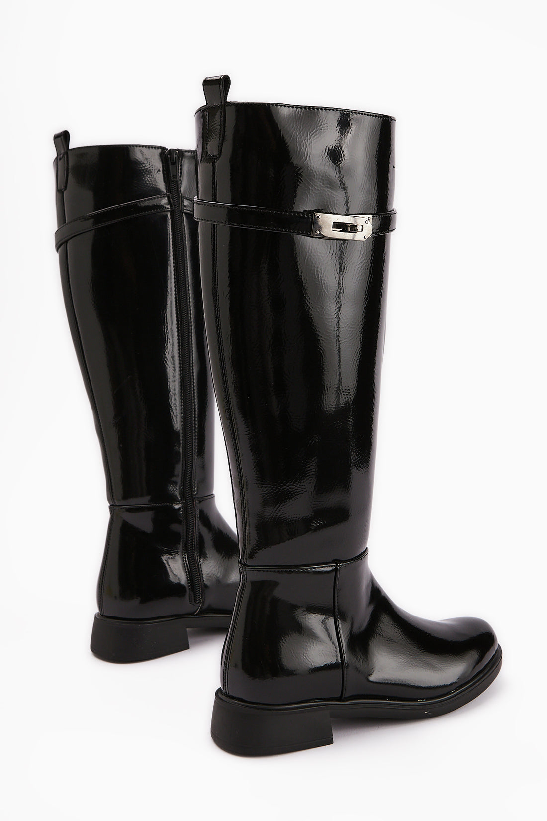 Kanako Schwarze Lackaccessoire Reißverschluss Kurze Absatzstiefel