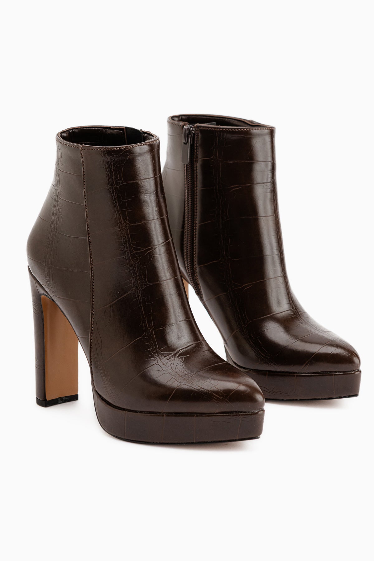 Abbie Brown Crocodile Pointed High Heeled Zipper Boots