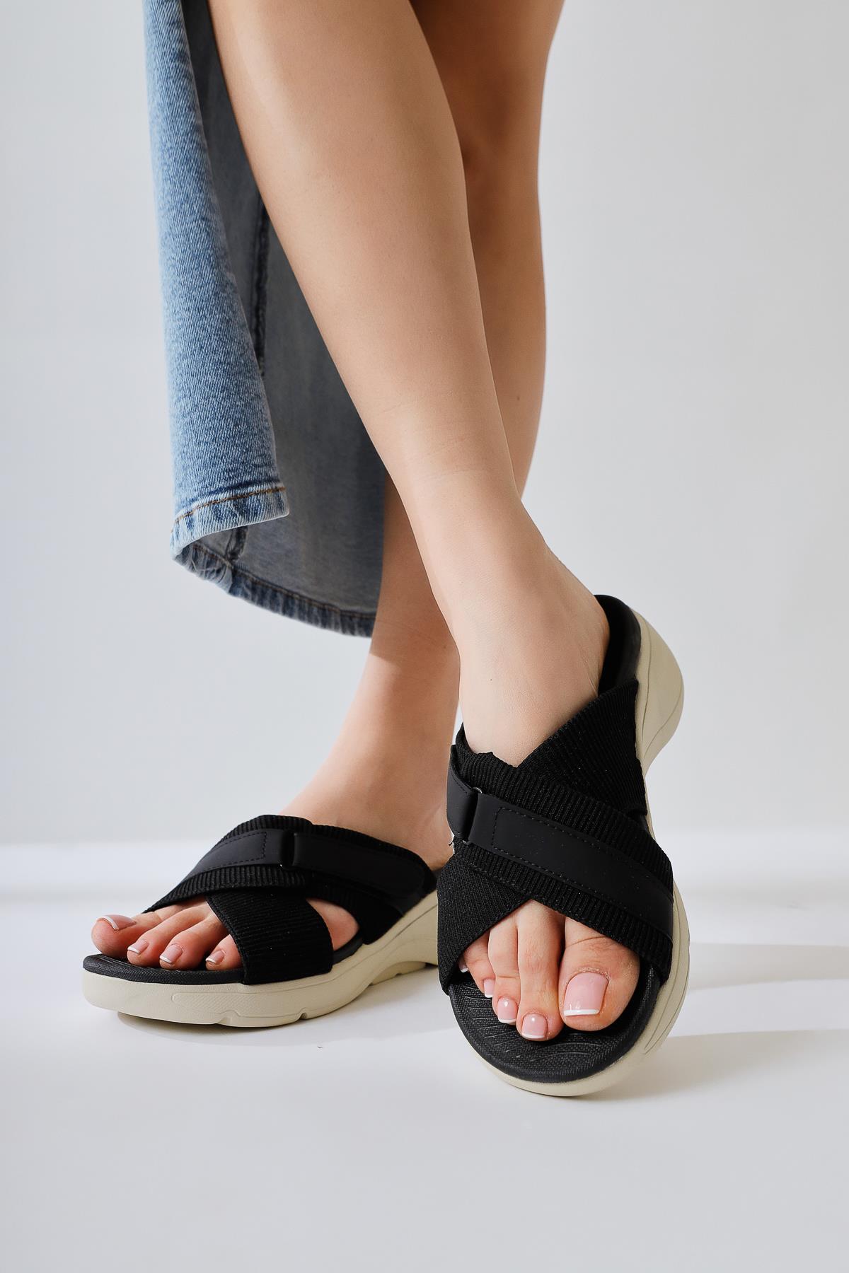 Jola Black Cross Textile Band Comfortable Sole Slippers