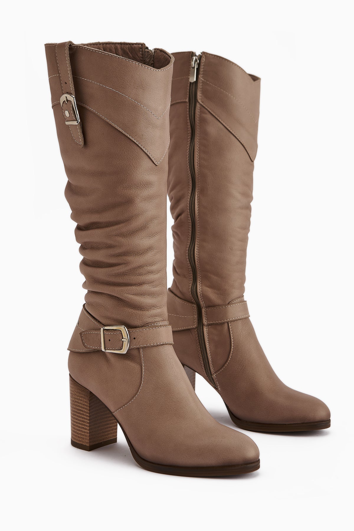 Ting Genuine Leather Mink Buckle Detail Women's Heeled Boot