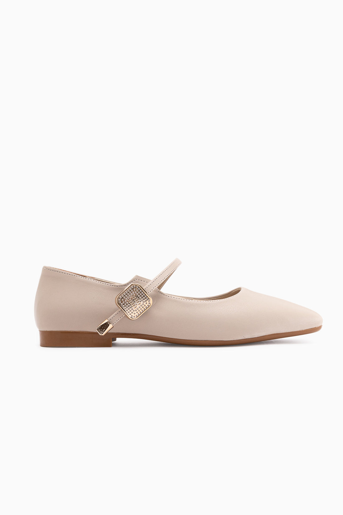 Amilia Beige Schnalle Detail Quadrat Zehen Damen Ballerinas