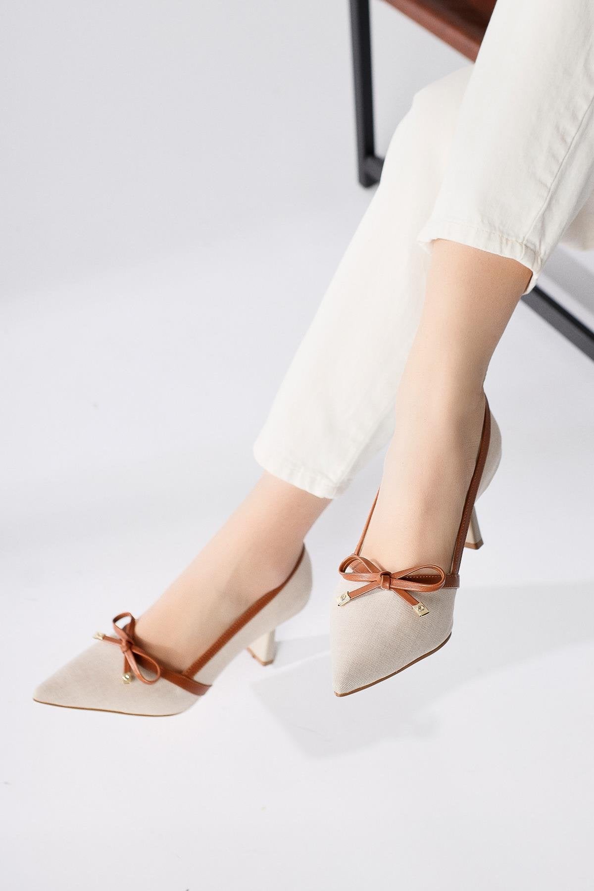 Loviisa Beige-Coffee Bow Detailed High Heel Shoes
