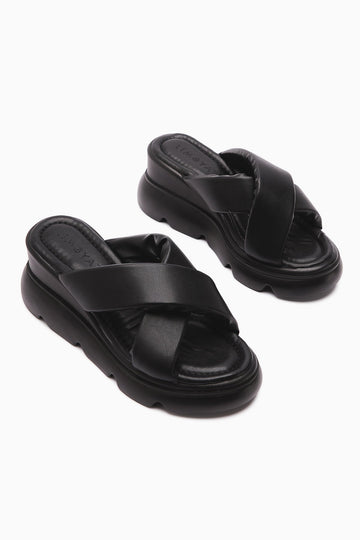 Vicki Schwarze Kreuzriemen Flauschige Damenhausschuhe