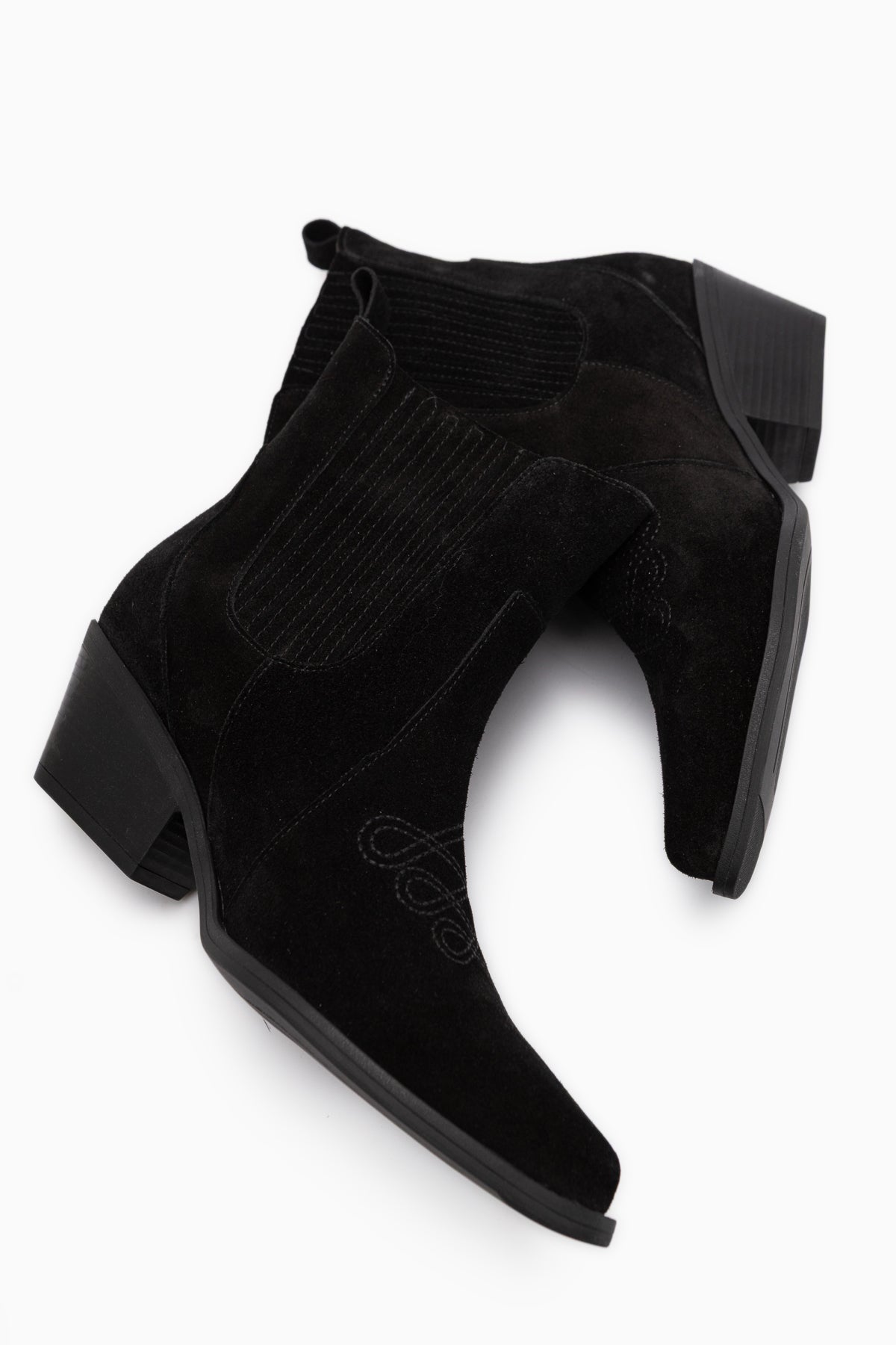 Freya Echtes Leder Schwarz Wildleder Bestickte Detail Damen Cowboy Stiefel