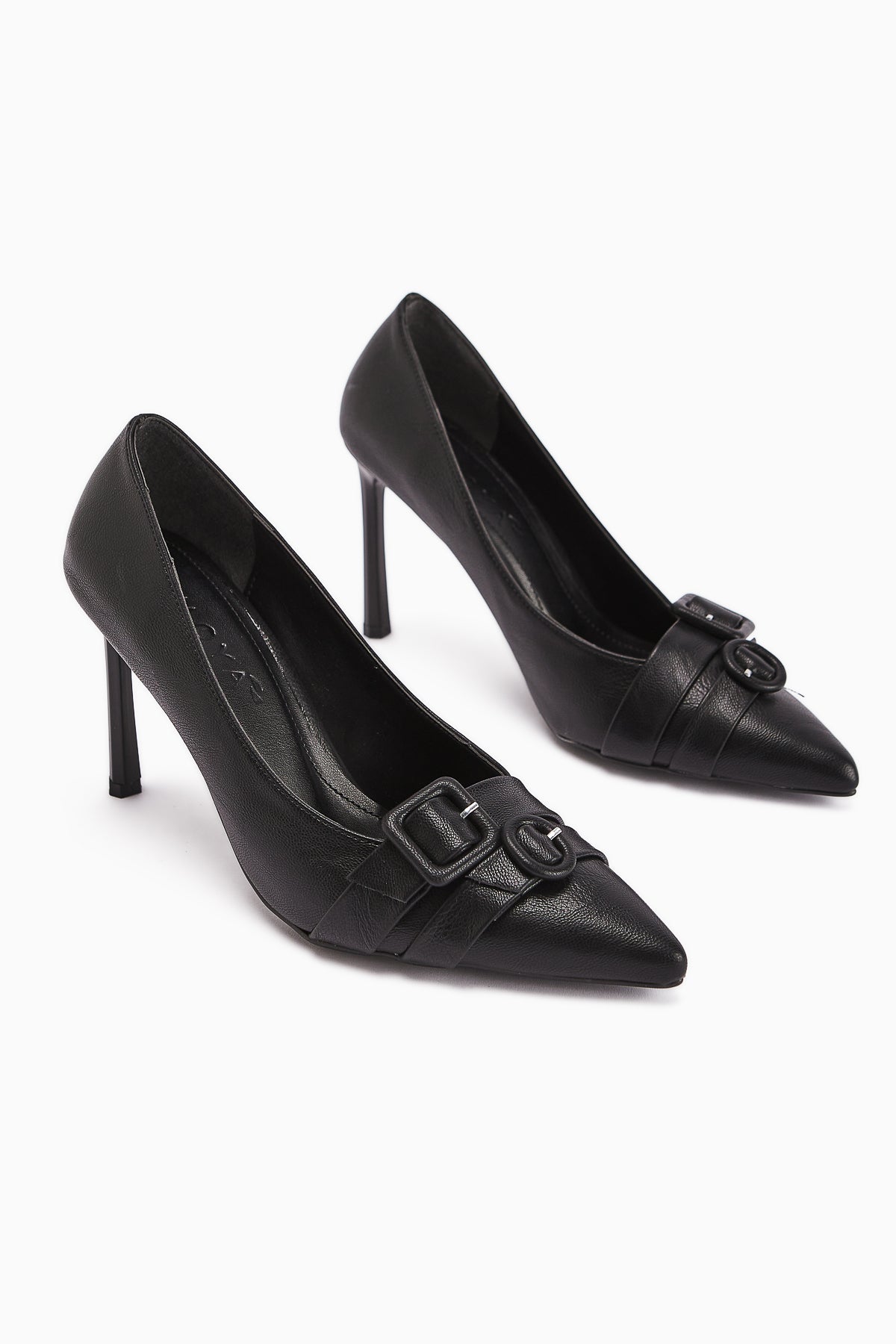 Halez Black Buckled Stiletto Pointed Toe Women's Heels