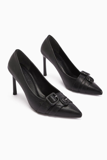 Halez Black Buckled Stiletto Pointed Toe Women's Heels