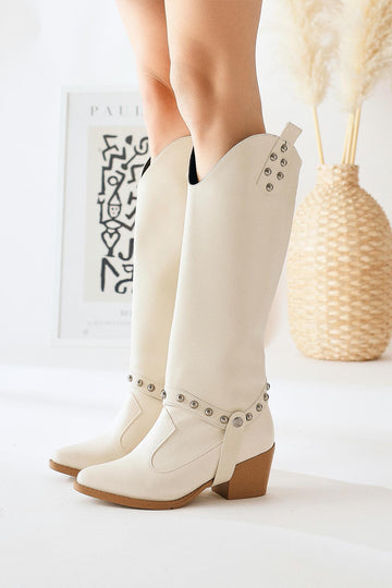 Caarina – Beige Kniehoher Stiefel mit abnehmbarem Schaft (Damen)
