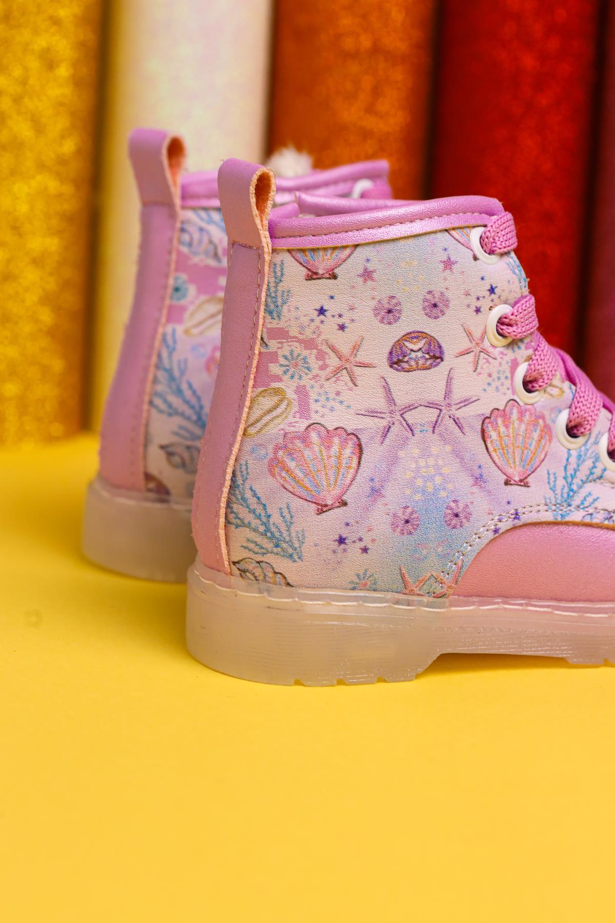 Gifty Lila Meeresleben Druck Leuchtende Schnür-Baby-Stiefel