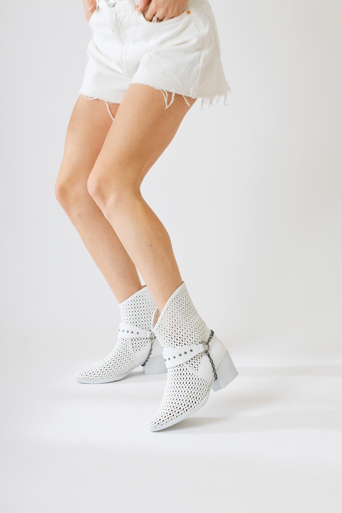 Olinda White Laser Cut Pointed Toe Chain Detail Summer Western Boots