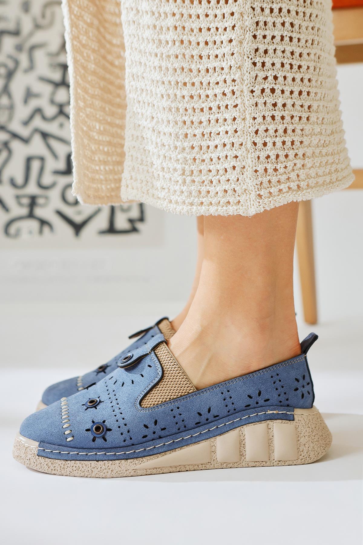 Bethina Blue Suede Rivet Detailed Laser Perforated Ballerinas