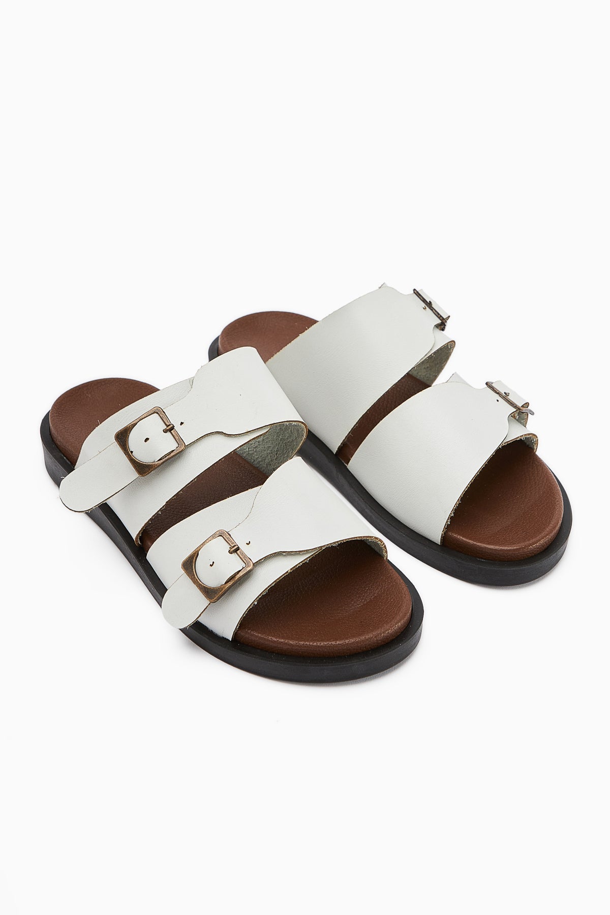 Soha Weißer Doppelriemen Flacher Damen Slipper