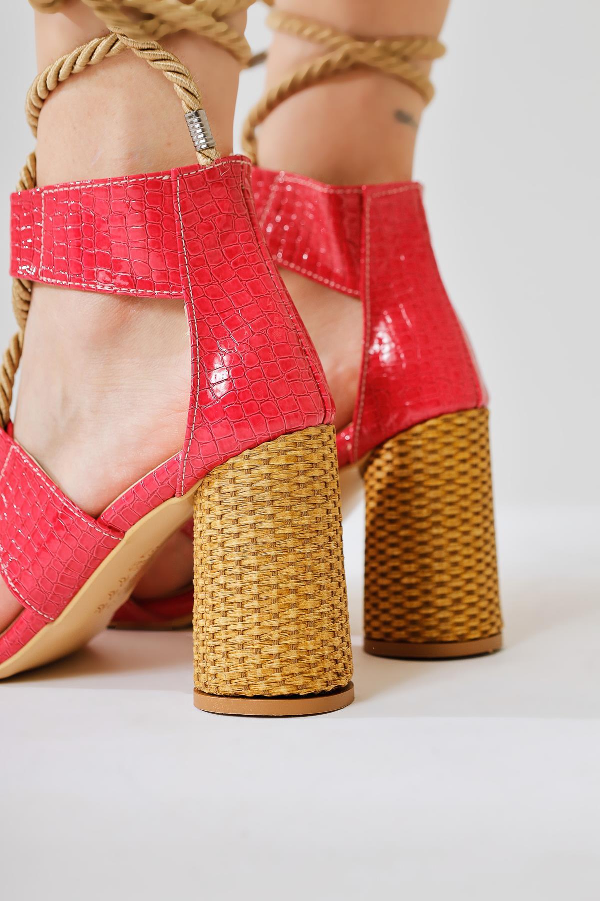 Britty Fuchsia Crocodile Patent Leather Thick Strap Rope Tie Heeled Sandals