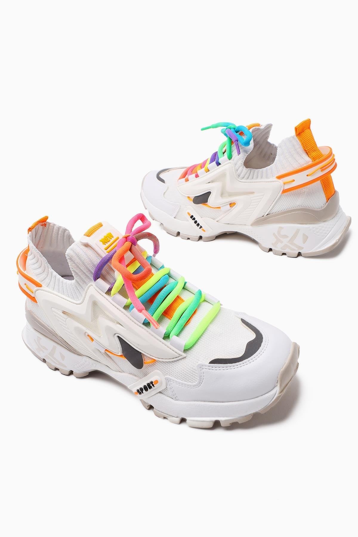 Anabell Beyaz Triko Süet Detaylı Renkli Bağcıklı Kadın Sneakers