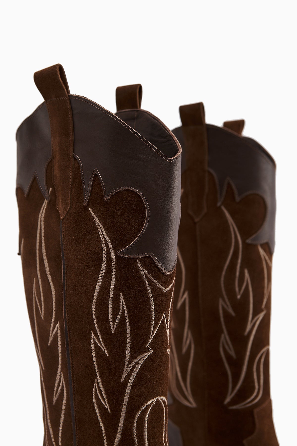 Lara Genuine Brown Suede Embroidered Leather Detailed Heeled Western Boots