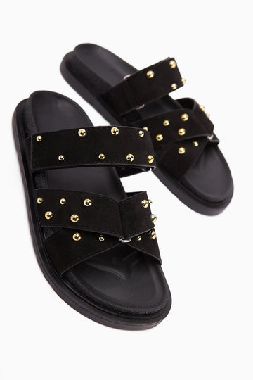 Mino Black Cross-Strap Studded Women's Slippers