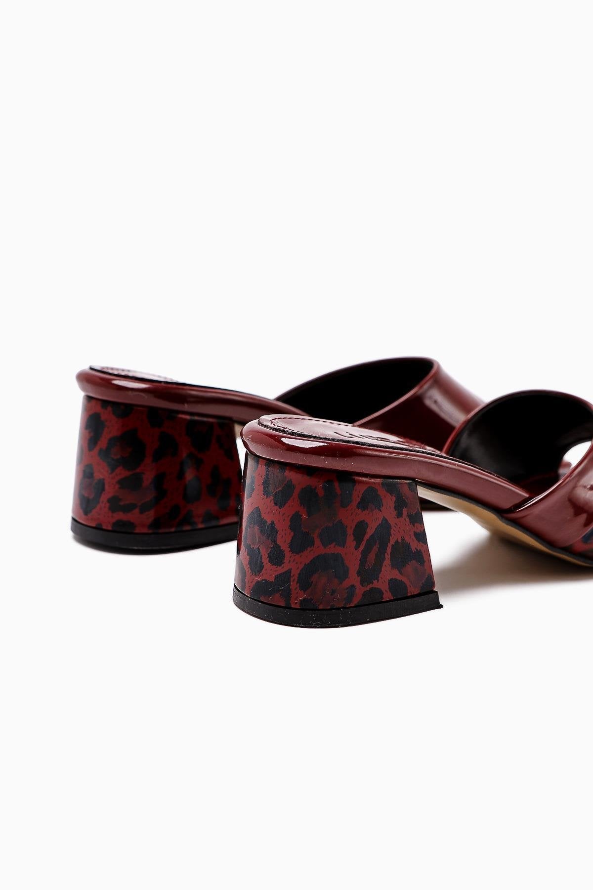 Morena Claret Red Patent Leather Leopard Detailed Short Heeled Women's Slippers