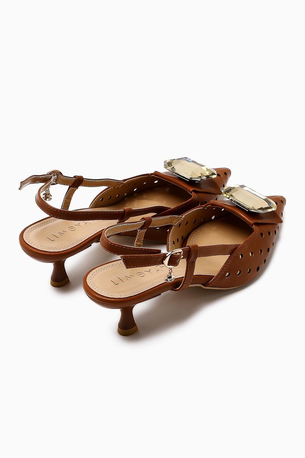 Hazel Brown Pointed Toe Laser Cut Stone Women's High Heel Shoes