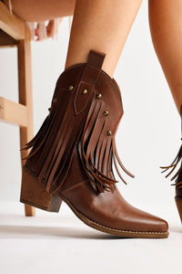 Lillebeth Tan Tassel Stud Detail Western Boots