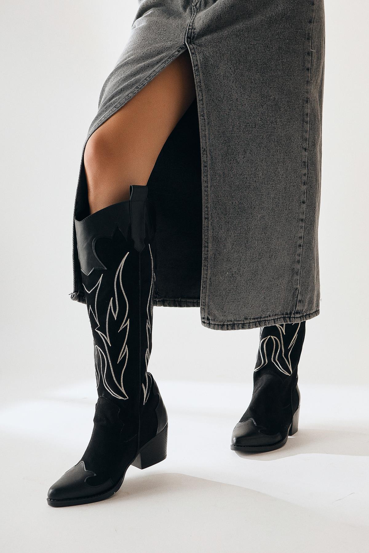 Bahar – Black Suede Embroidered Leather-Detail Heeled Western Knee-High Boot (Women)