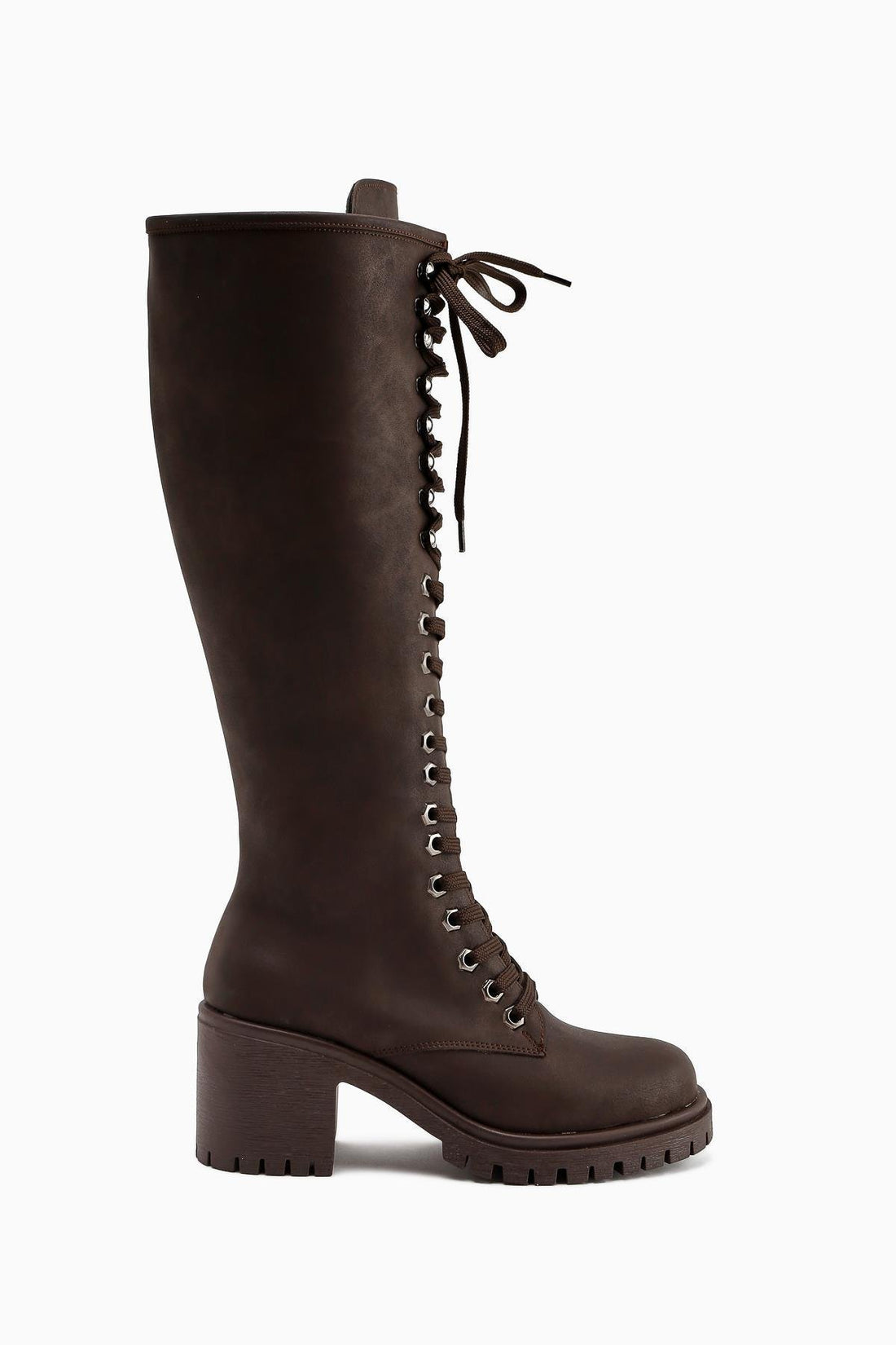 Bella Brown Laced and Zippered Oval Toe Heeled Women's Boots