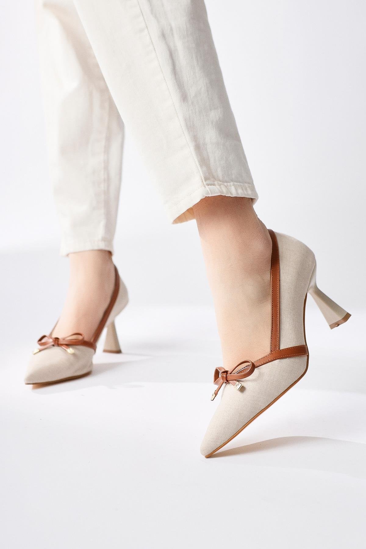 Loviisa Beige-Coffee Bow Detailed High Heel Shoes