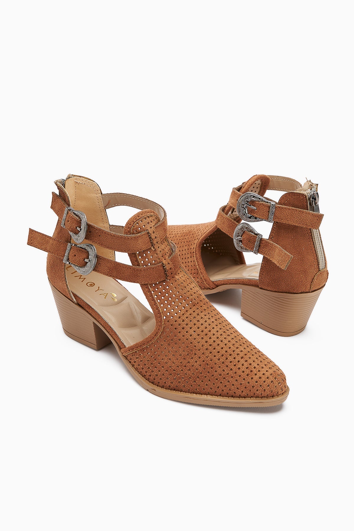 Carin – Cognac Suede Vegan Material Buckle-Detail Back-Zip Summer Boot (Women)