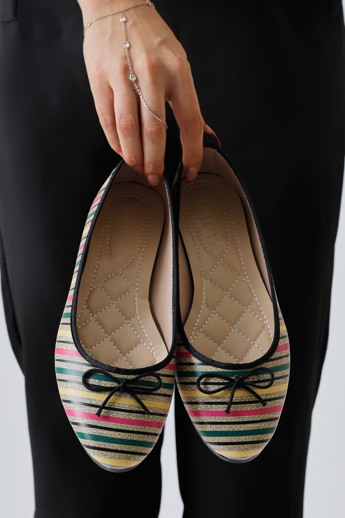 Melin Black Striped Printed Bow Detailed Ballerinas