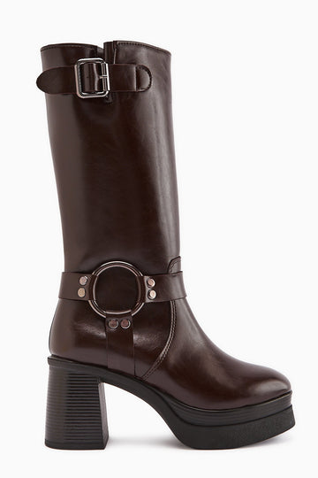 Beris – Burgunder kniehoher Stiefel mit Schnallen-Detail, Plateau und Absatz (Damen)