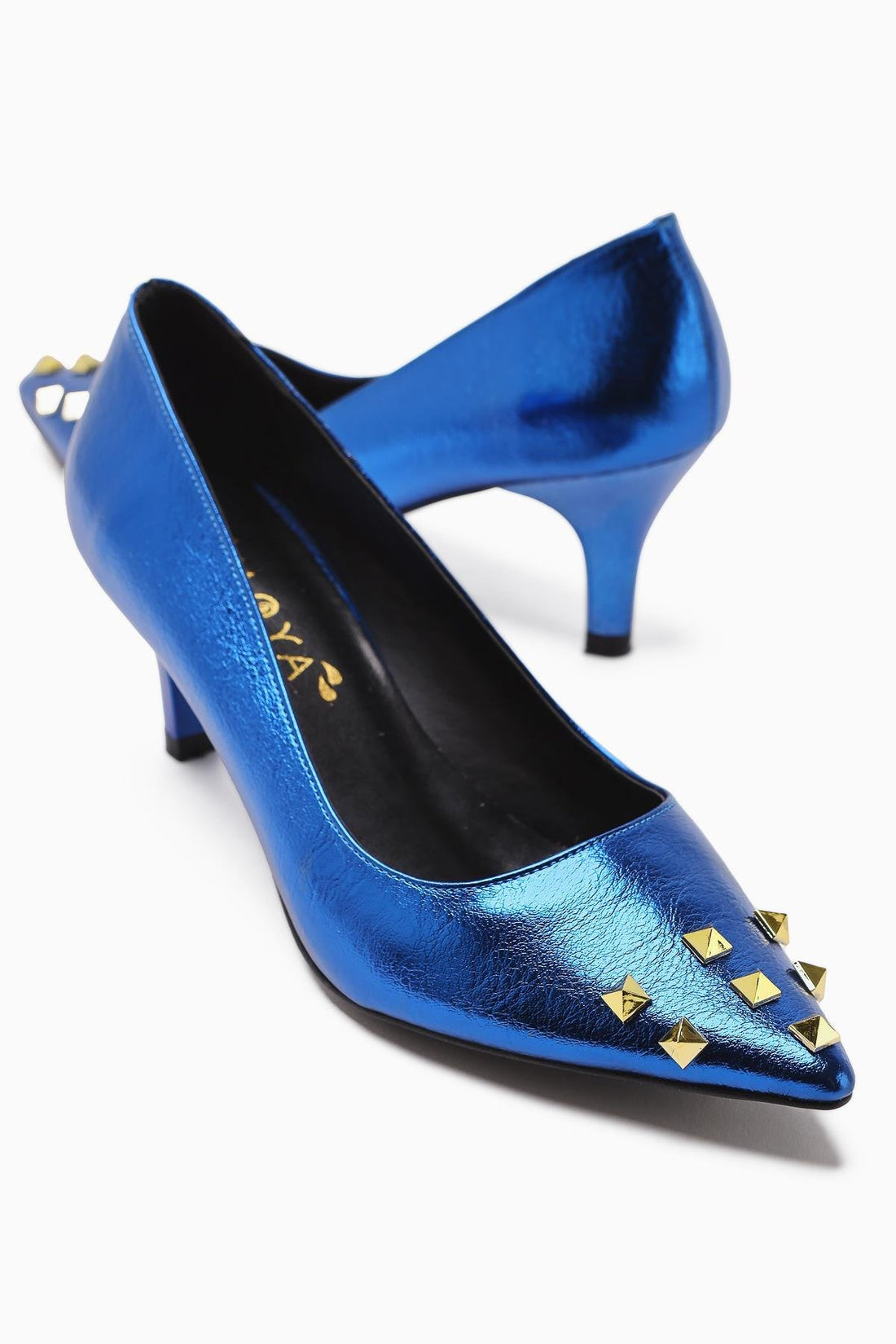 Anni Navy Blue Shiny Wrinkled Patent Leather Pyramidal Studded Heeled Women's Shoes