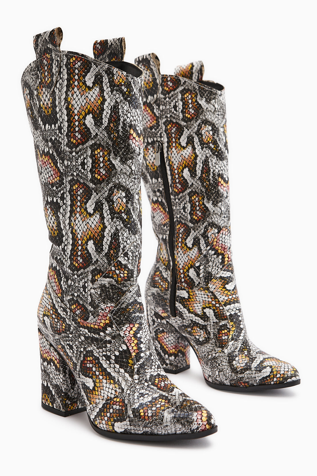 Keri Schlangenprint Asymmetrischer Schnitt Damen Kurz Absatzstiefel
