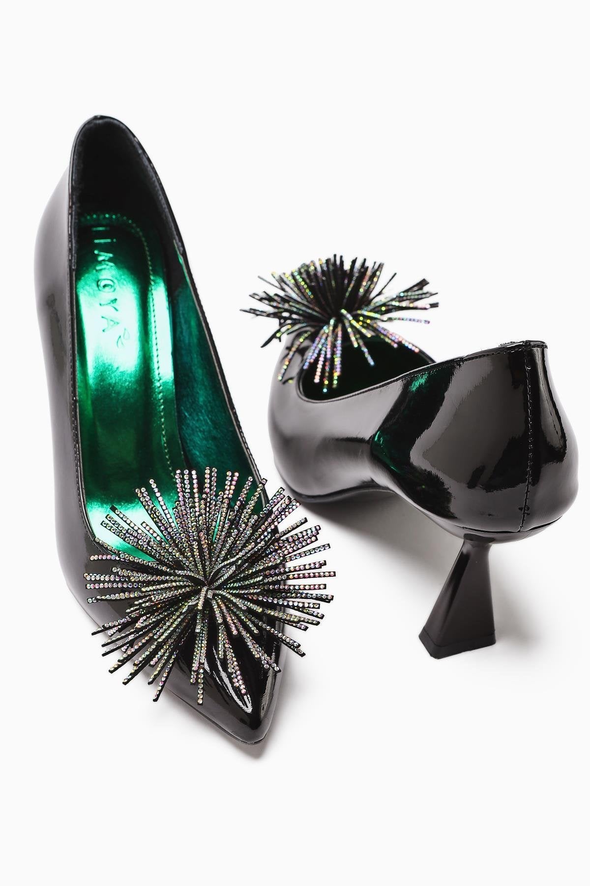 Choi Black Patent Leather Pointed Toe Stone Tassel Detailed Heeled Women's Shoes