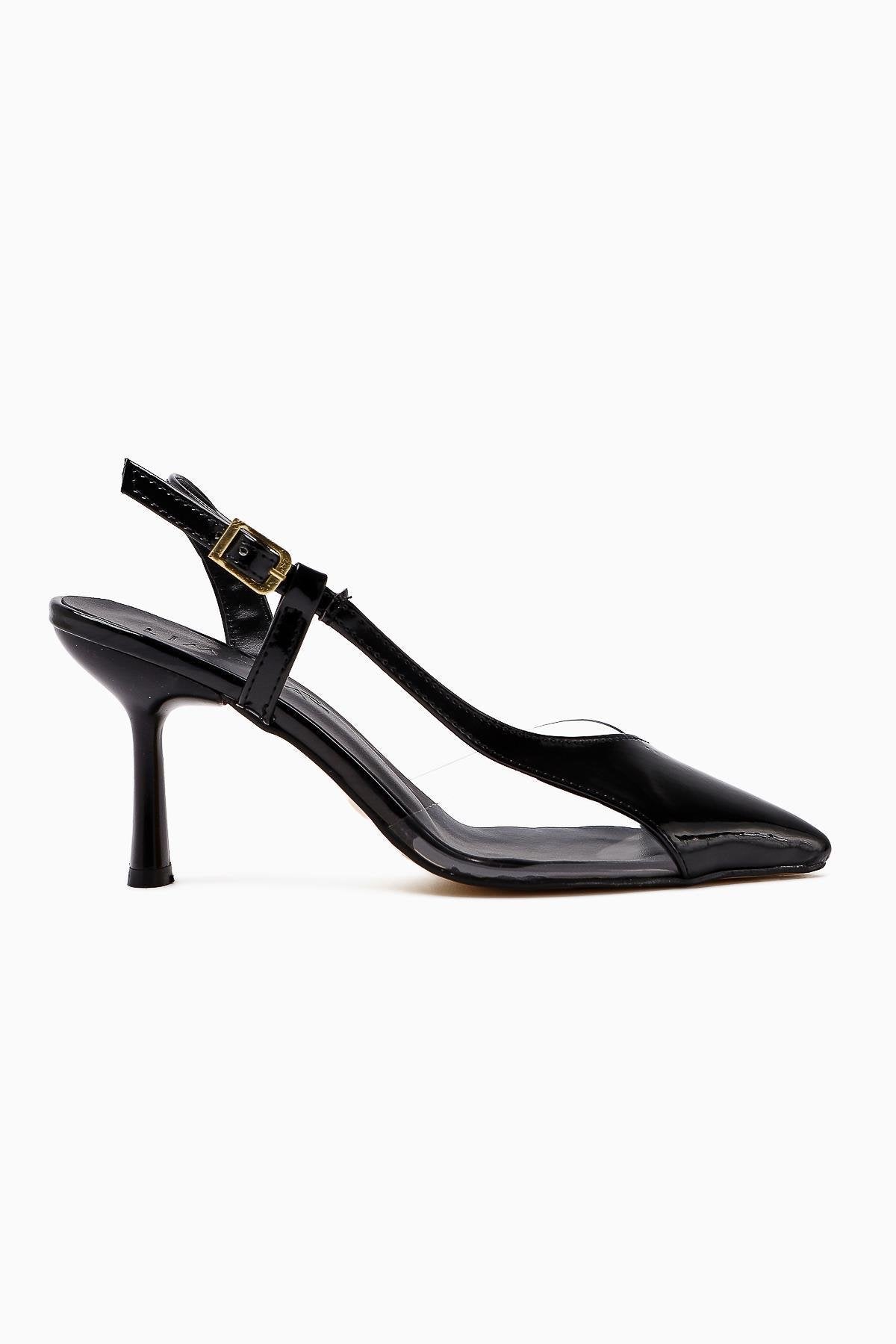 Aliah Schwarze Lackleder Spitz Pumps mit Transparentem Detail