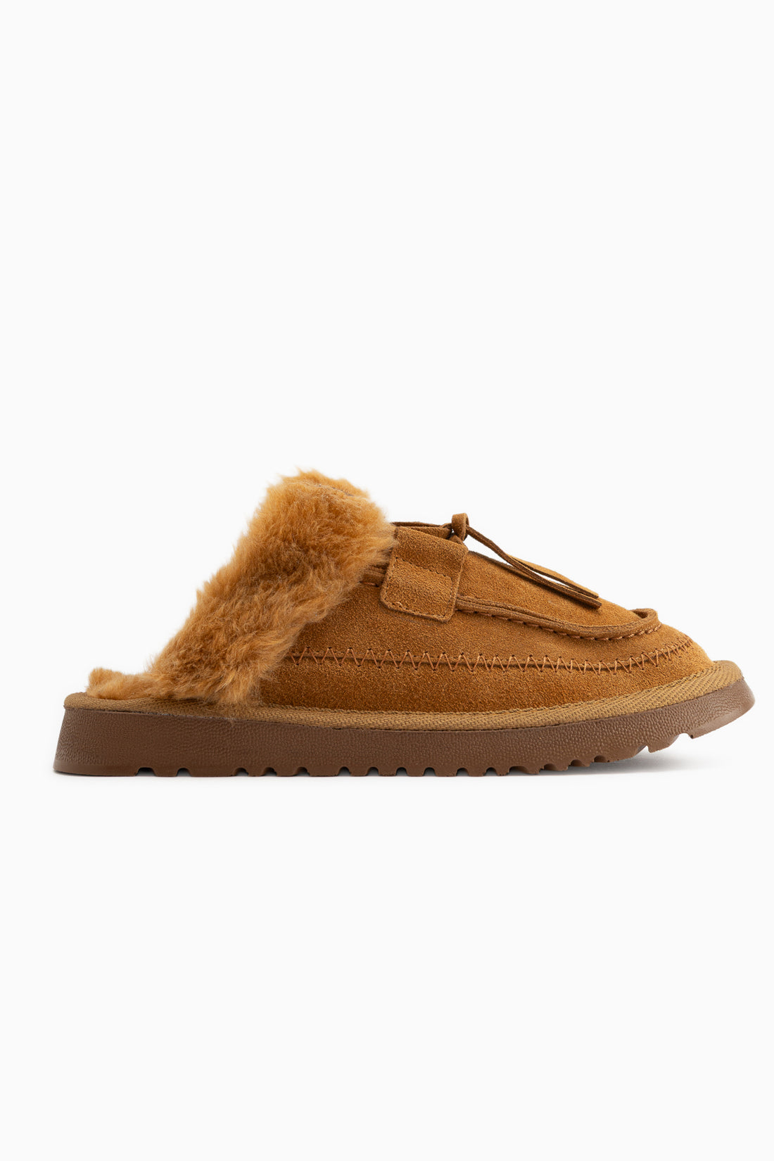 Tisha Tan Wildleder Fell Detail Damen Pantoletten
