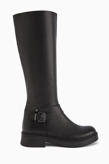 Penda Genuine Leather Black Buckle Detail Women's Zippered Boot