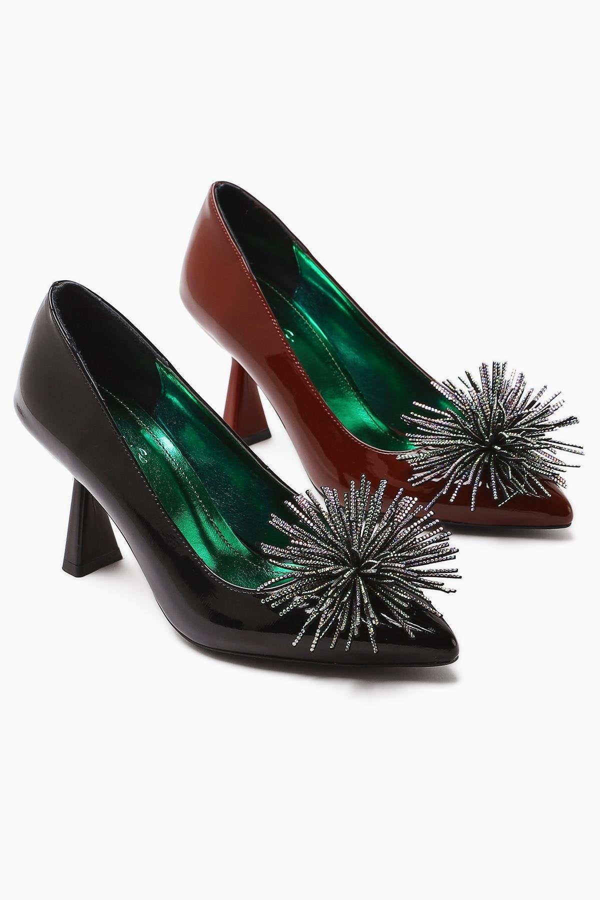 Choi Claret Red Patent Leather Pointed Toe Stone Tassel Detailed Heeled Women's Shoes