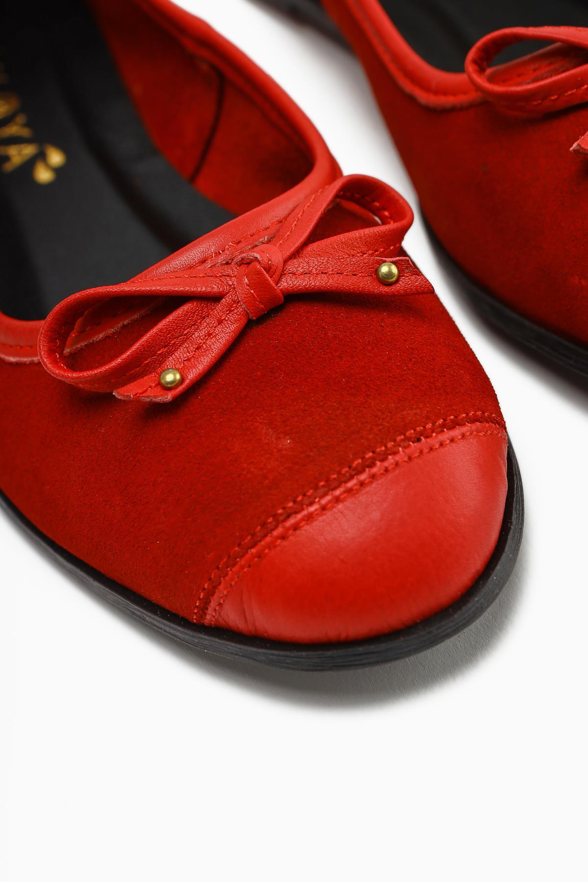 Genuine Leather Alfreda Red Suede Leather Detailed Bow Women's Ballerinas