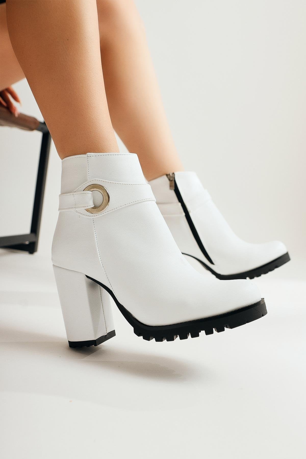 Destina White Oval Toe Ankle Accessory Heeled Boots