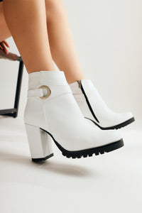 Destina White Oval Toe Ankle Accessory Heeled Boots
