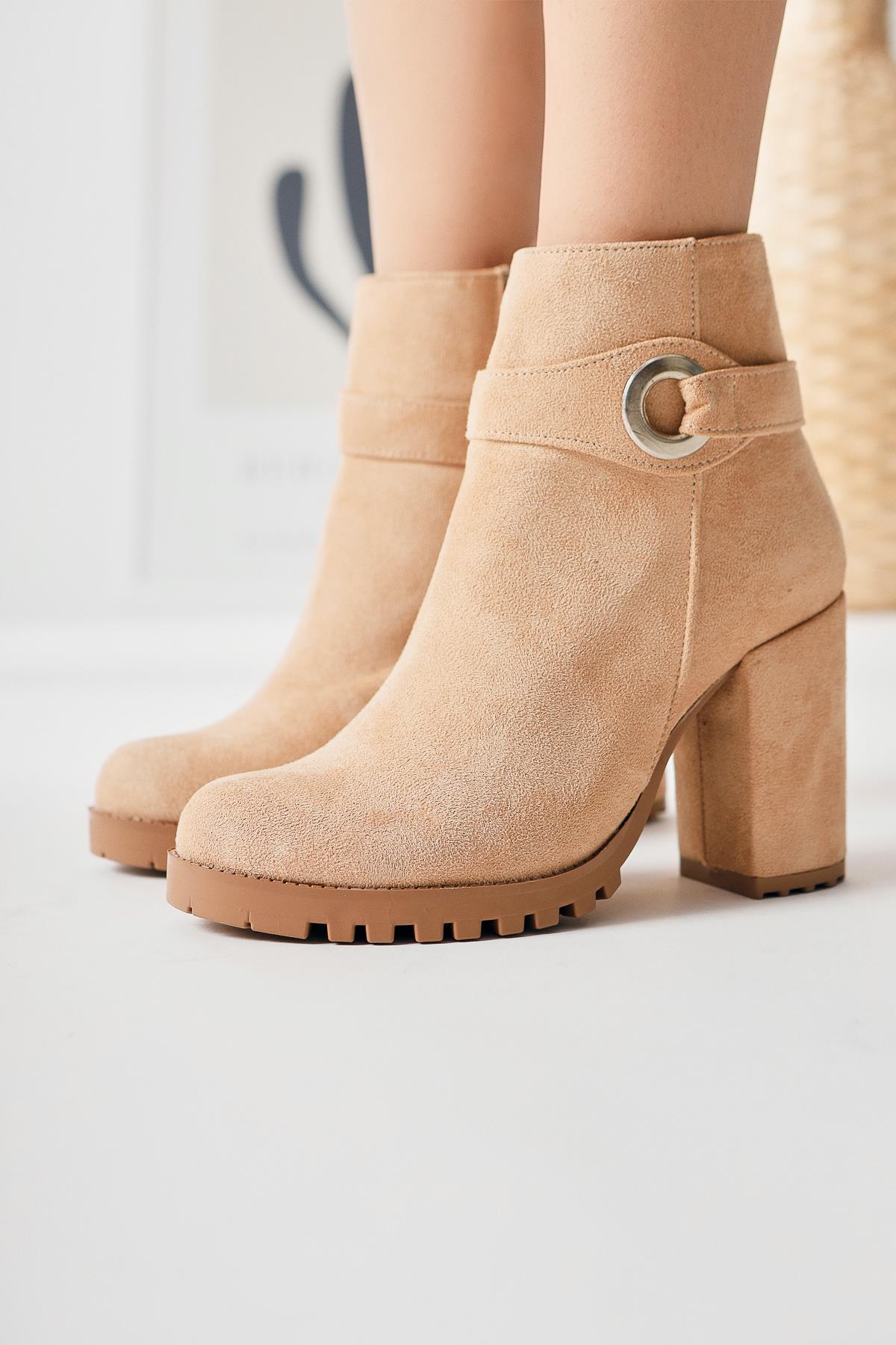Destina Cream Suede Oval Toe Ankle Accessory Heeled Boots
