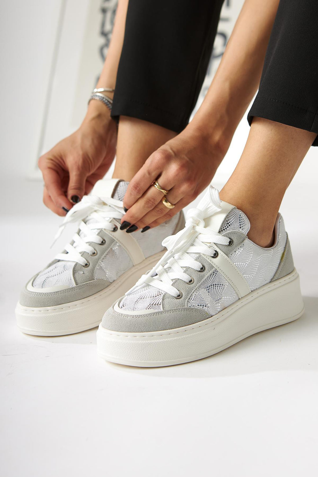Julissa White Suede Shiny Patterned Thick Sole Women's Sneakers