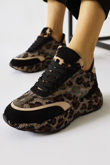 Kada Beige Leopard Patterned Stone Detail Sneakers