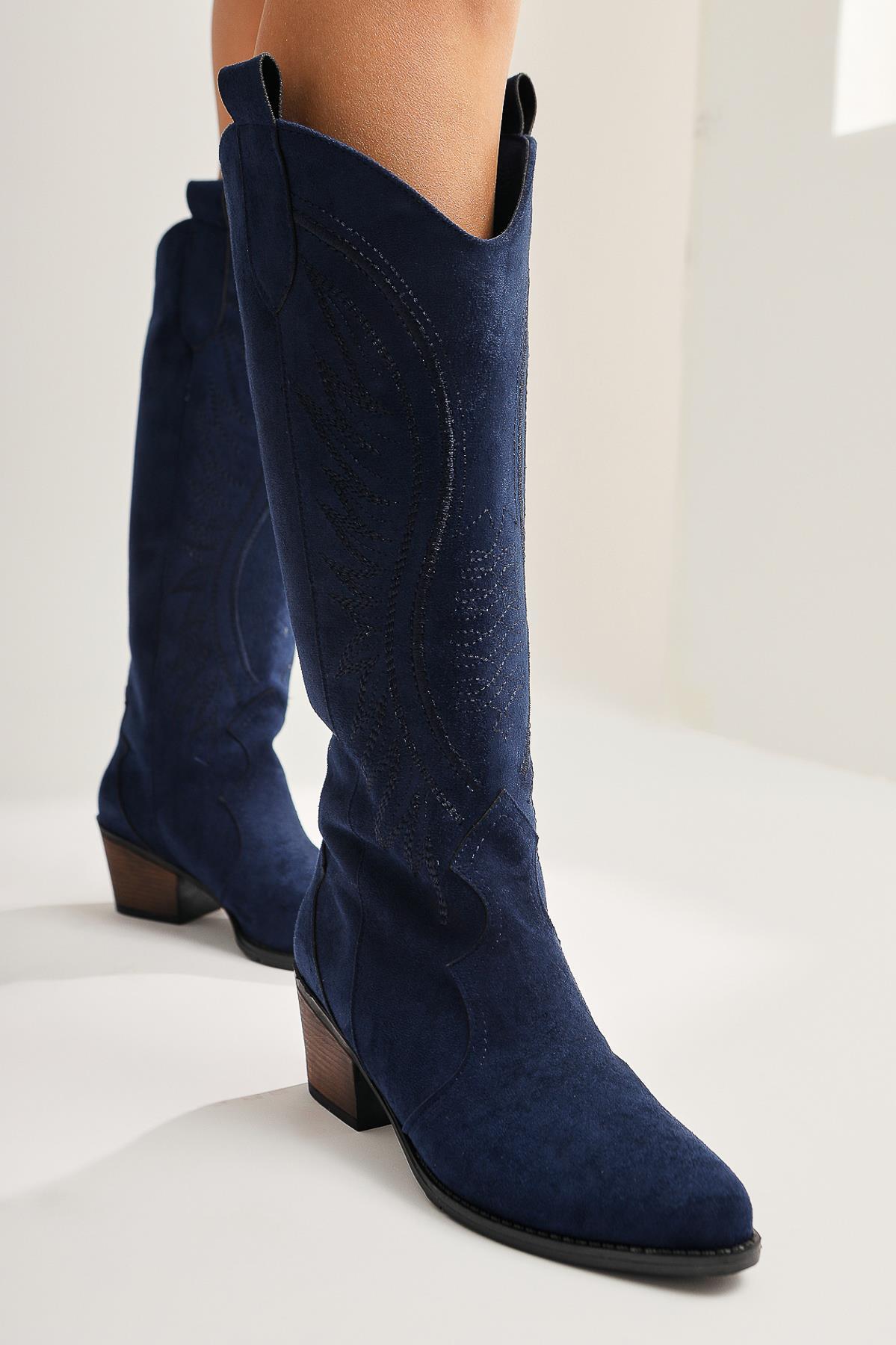 Hero Navy Suede Embroidered Cowboy Boot