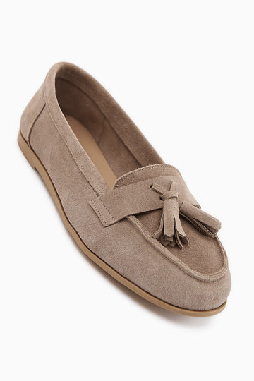 Doris Genuine Leather Beige Suede Tasseled Women's Loafer
