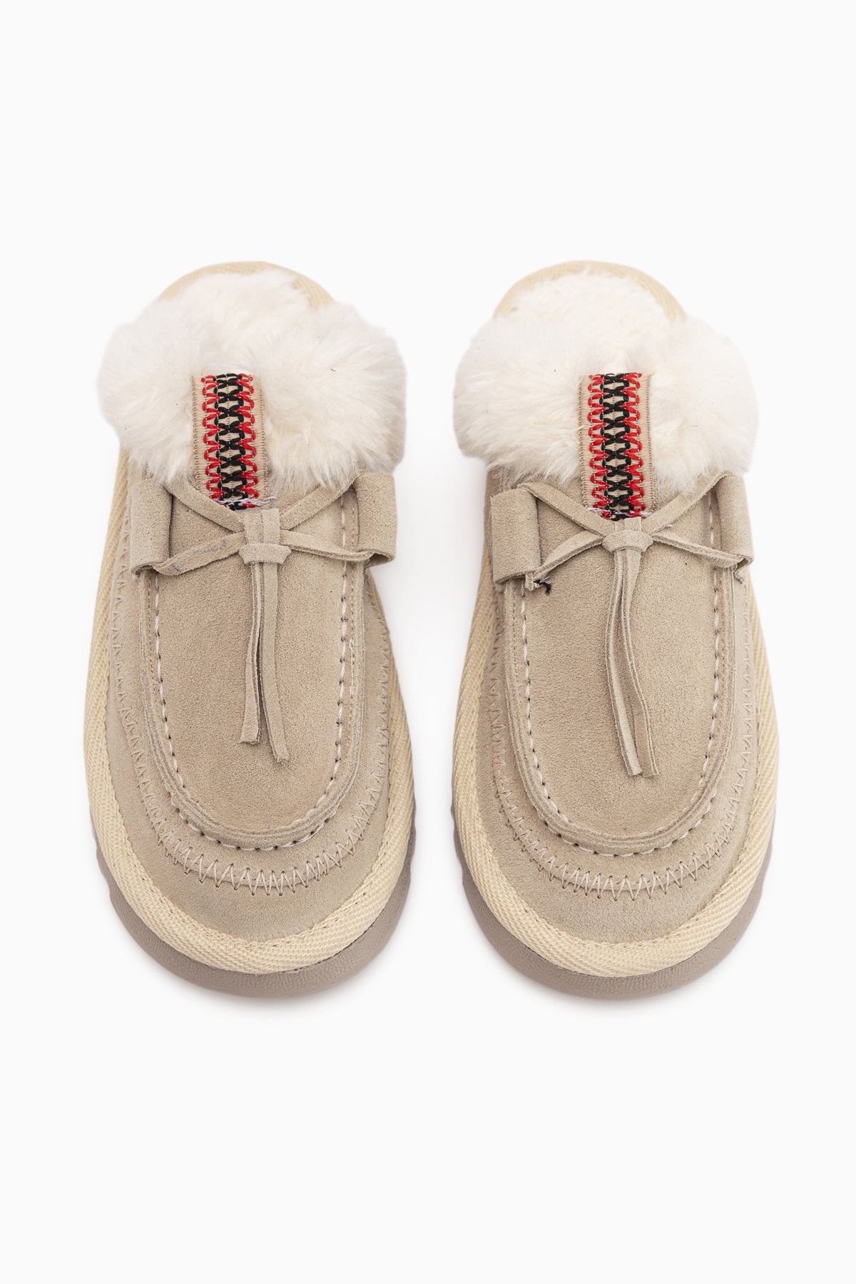 Tisha Echtes Leder Beige Wildleder Fell Detail Damen Pantoletten