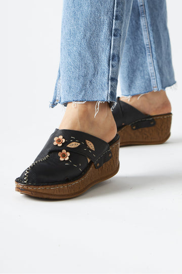 Alto Schwarz Echtes Leder Komfort Pantoletten mit Distressed Sohle