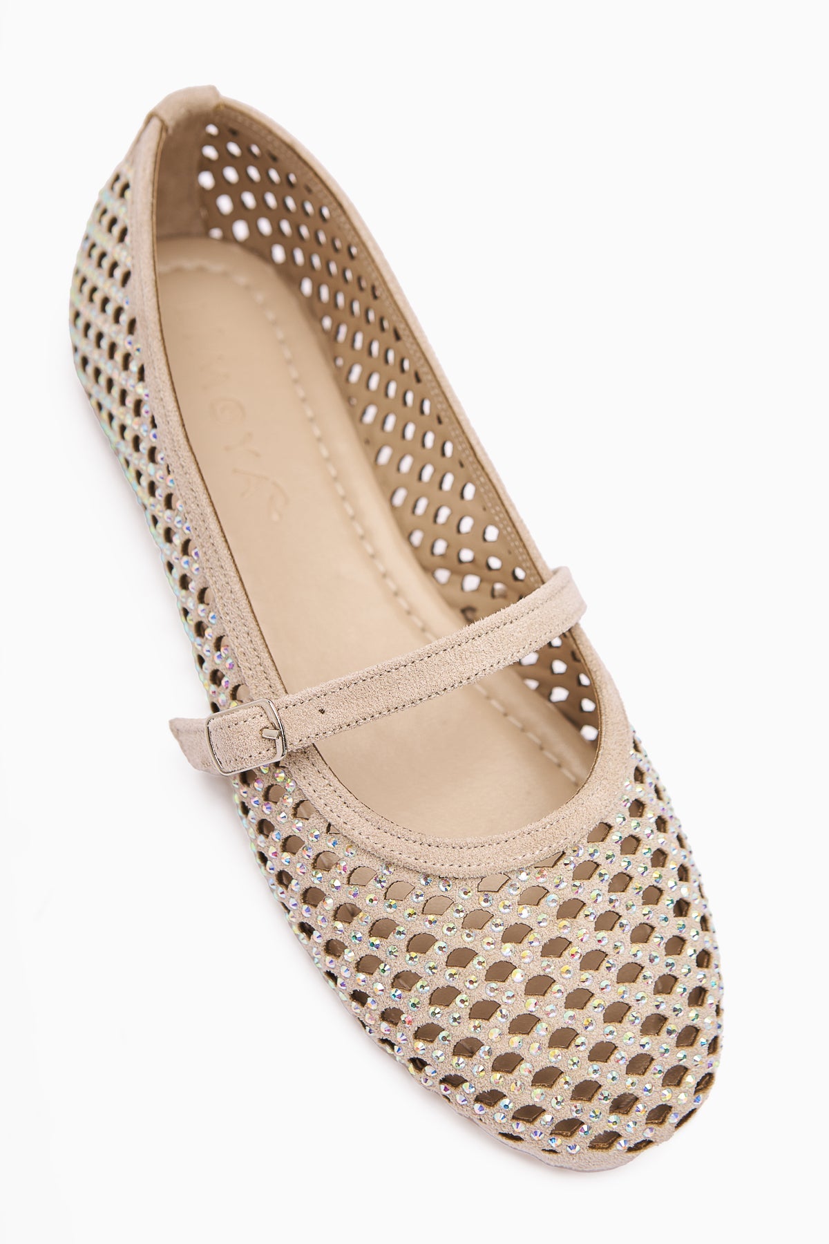 Nicole – Nude Suede Oval-Toe Perforated Stone-Detail Single-Strap Casual Shoe (Women)